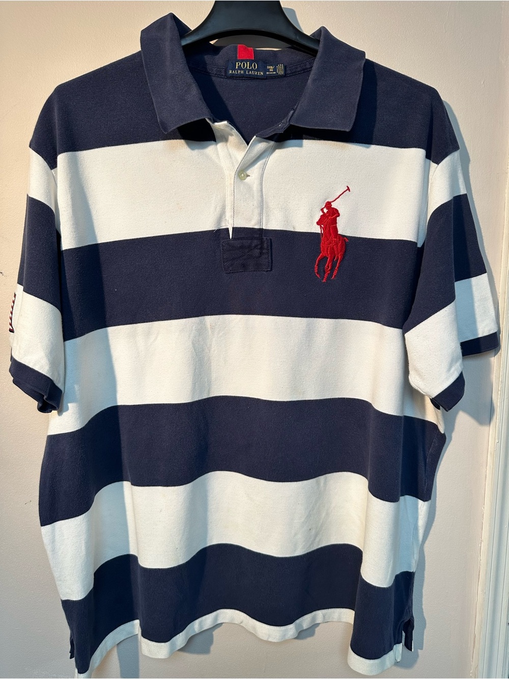 Ralph Lauren Navy and White Striped Rugby Style Polo with Red Pony US Flag